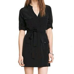 Express Button Down Waist Tie Portofino Midi Shirt Dress - Black